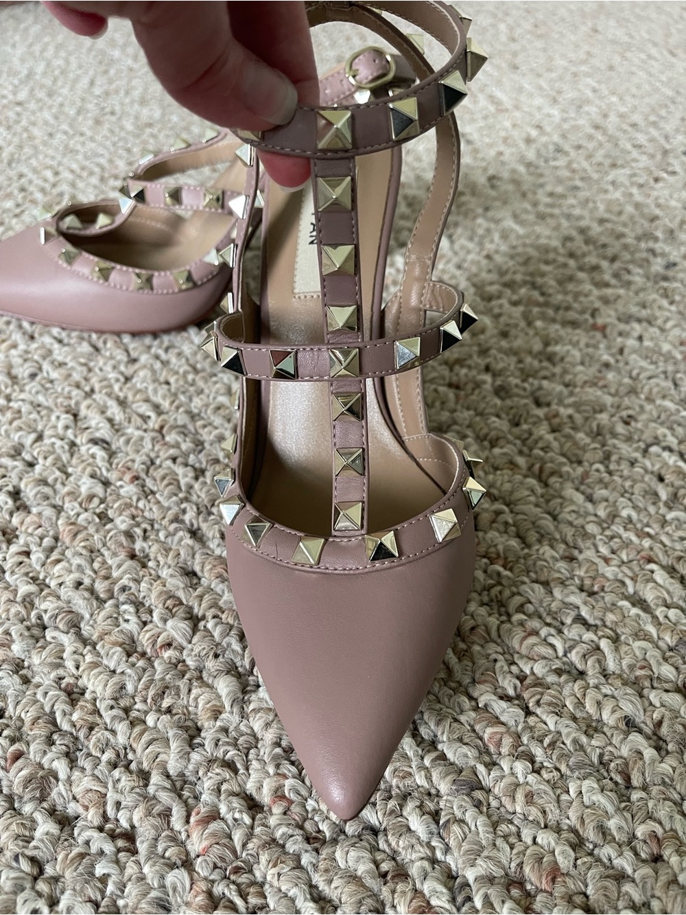 New Kaitlyn Pan Taupe Stud-Trim Pointed Toe Strappy Heels 37 6.5
